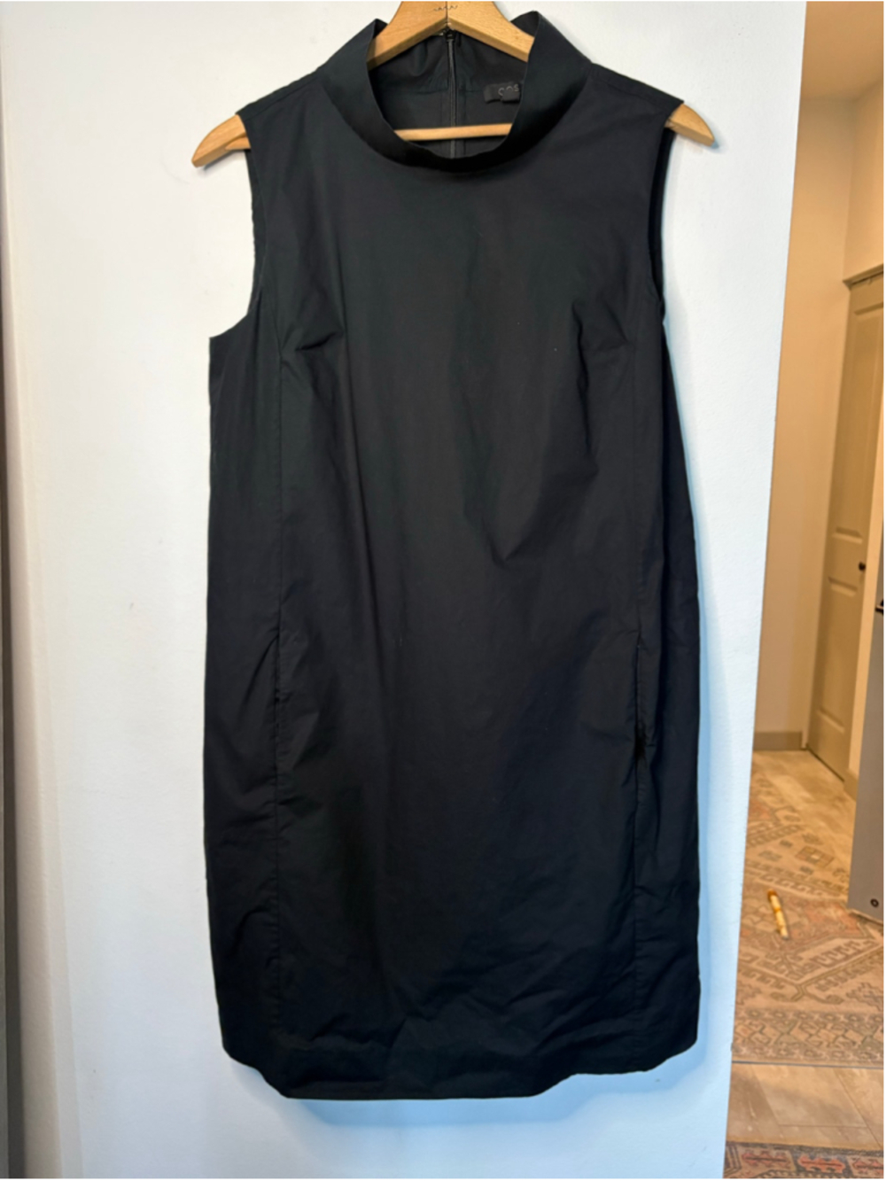 COS Black Shift Dress Cowl Sleeveless Mock Neck Minimalist Midi Size 12